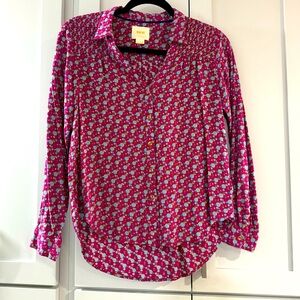 Anthropologie Maeve Emory‎ Button Down Blouse Raspberry Geometric Smocked size 2